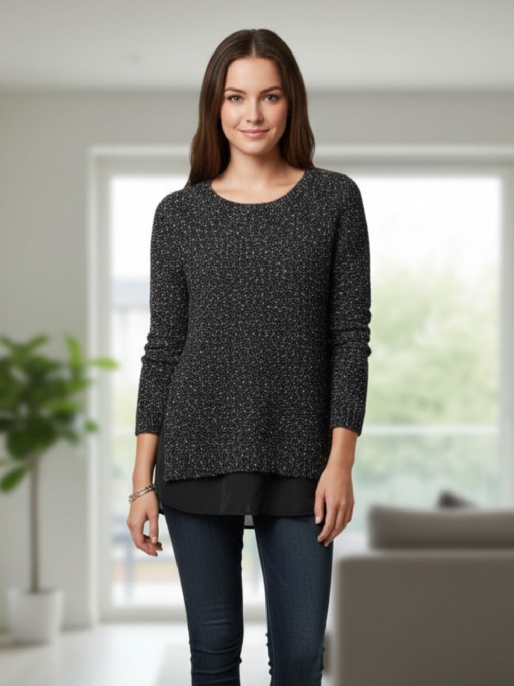 Ricki's Black Speckled Crewneck Sweater with Faux-Layer Hem